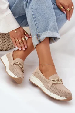 Zamszowe Mokasyny Na Platformie Z Łańcuchem D&A TW552 Beżowe