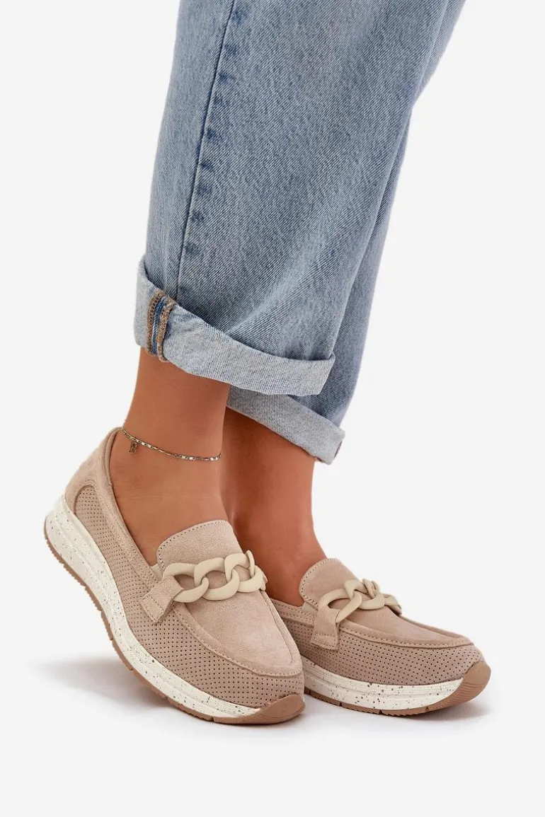 Zamszowe Mokasyny Na Platformie Z Łańcuchem D&A TW552 Beżowe