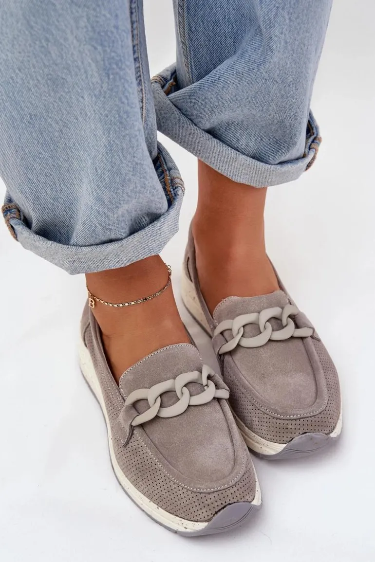 Zamszowe Mokasyny Na Platformie Z Łańcuchem D&A TW552 Szare