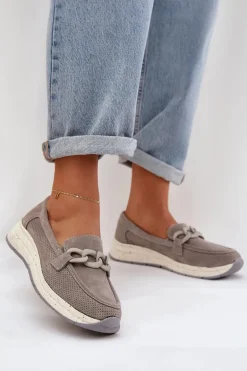 Zamszowe Mokasyny Na Platformie Z Łańcuchem D&A TW552 Szare