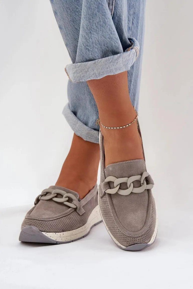 Zamszowe Mokasyny Na Platformie Z Łańcuchem D&A TW552 Szare