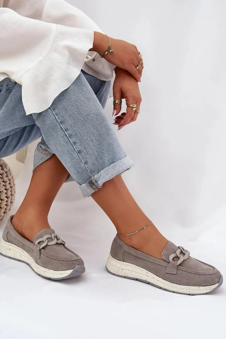 Zamszowe Mokasyny Na Platformie Z Łańcuchem D&A TW552 Szare