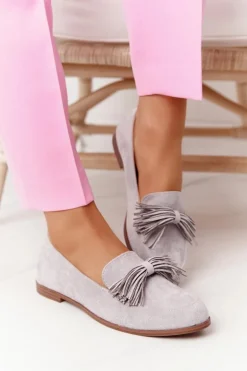 Zamszowe Mokasyny Z Frędzlami Szare Alicante