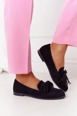 Zamszowe Mokasyny Z Frędzlami Czarne Alicante