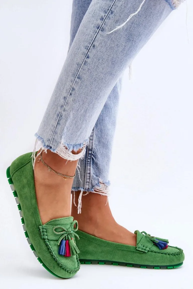 Zamszowe Mokasyny Z Kokardą I Frędzlami Zielone Dorine
