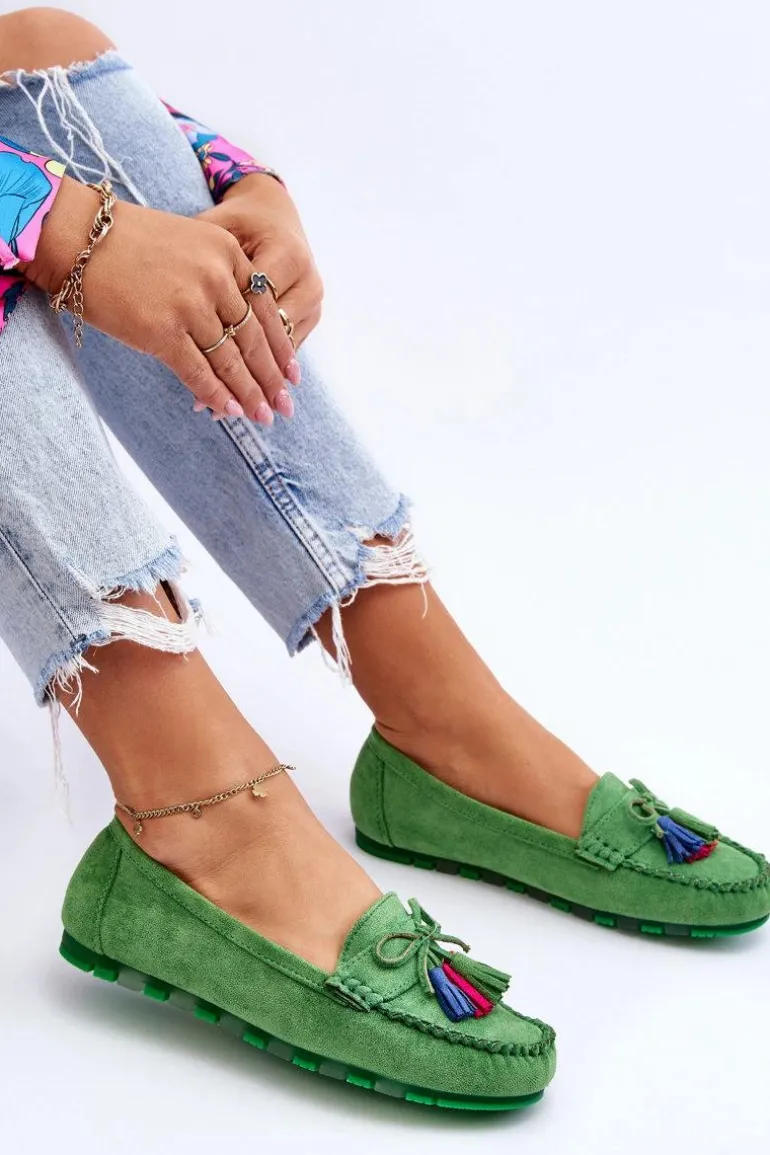 Zamszowe Mokasyny Z Kokardą I Frędzlami Zielone Dorine