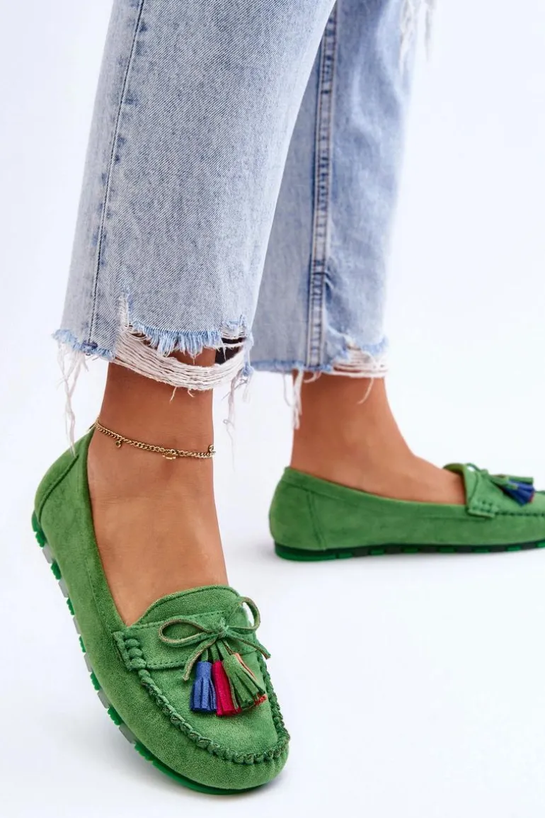 Zamszowe Mokasyny Z Kokardą I Frędzlami Zielone Dorine