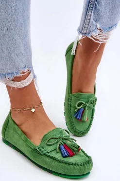 Zamszowe Mokasyny Z Kokardą I Frędzlami Zielone Dorine