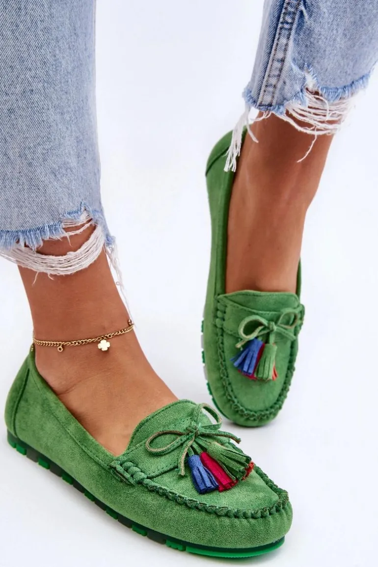 Zamszowe Mokasyny Z Kokardą I Frędzlami Zielone Dorine