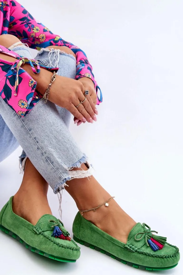 Zamszowe Mokasyny Z Kokardą I Frędzlami Zielone Dorine