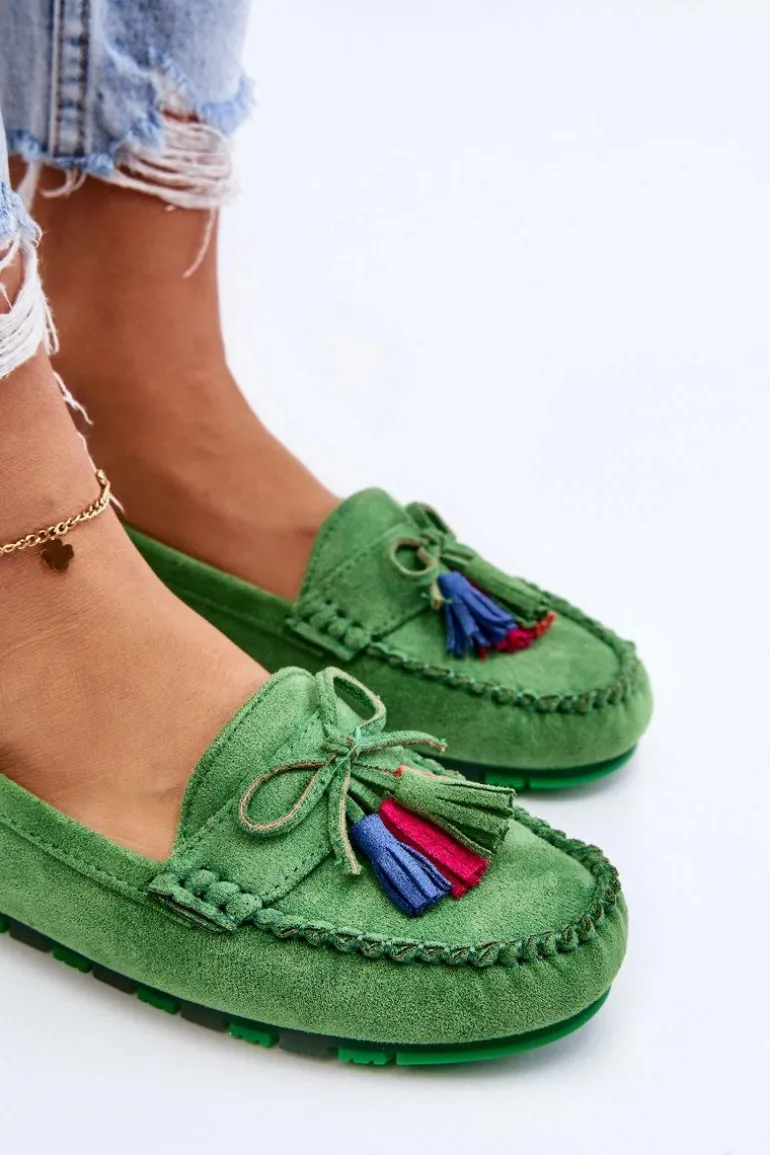 Zamszowe Mokasyny Z Kokardą I Frędzlami Zielone Dorine