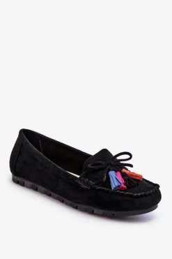 Zamszowe Mokasyny Z Kokardą I Frędzlami Czarne Dorine