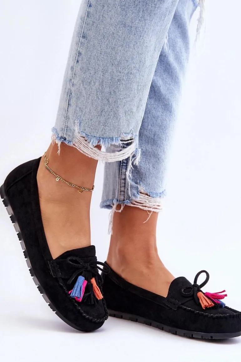 Zamszowe Mokasyny Z Kokardą I Frędzlami Czarne Dorine