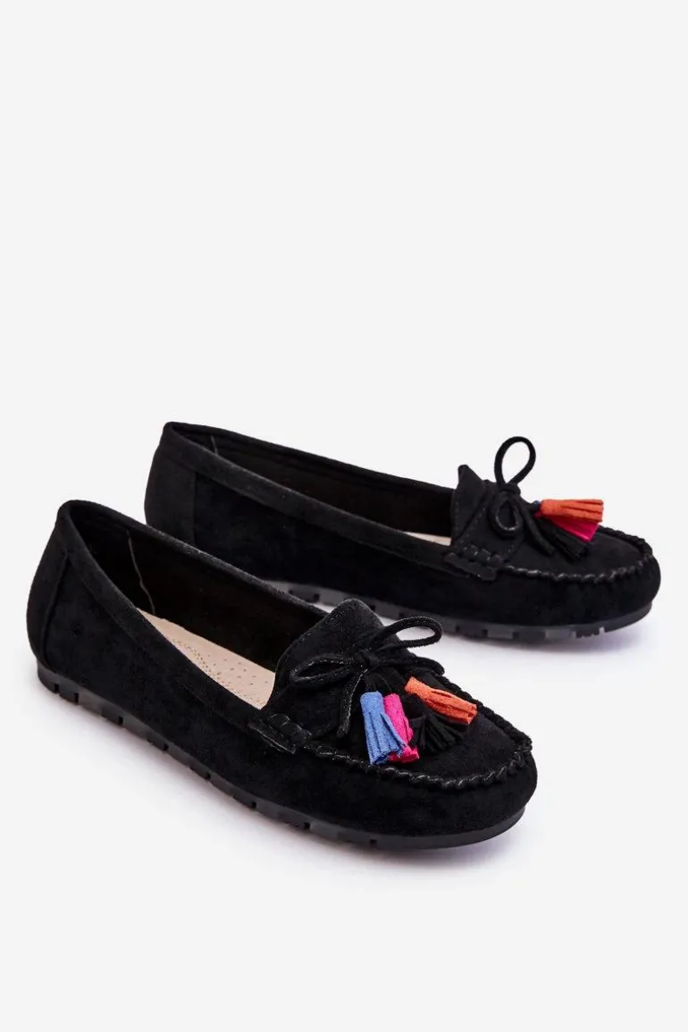 Zamszowe Mokasyny Z Kokardą I Frędzlami Czarne Dorine