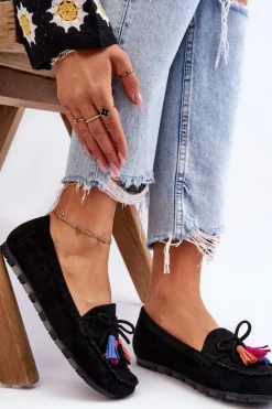 Zamszowe Mokasyny Z Kokardą I Frędzlami Czarne Dorine