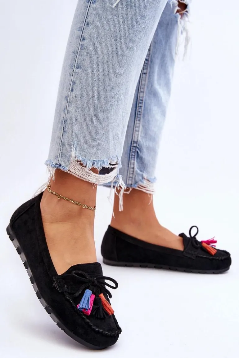 Zamszowe Mokasyny Z Kokardą I Frędzlami Czarne Dorine