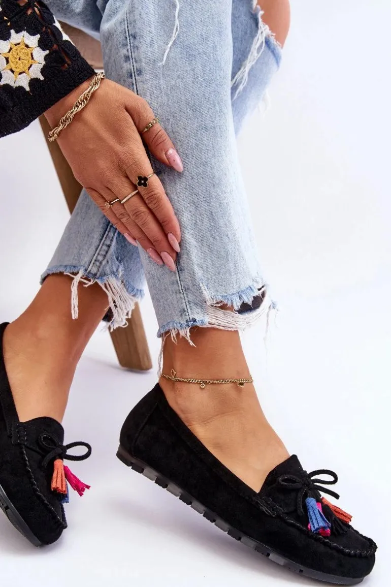Zamszowe Mokasyny Z Kokardą I Frędzlami Czarne Dorine