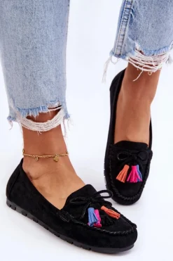 Zamszowe Mokasyny Z Kokardą I Frędzlami Czarne Dorine