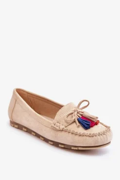 Zamszowe Mokasyny Z Kokardą I Frędzlami Beżowe Dorine