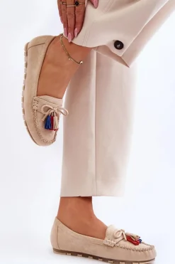 Zamszowe Mokasyny Z Kokardą I Frędzlami Beżowe Dorine