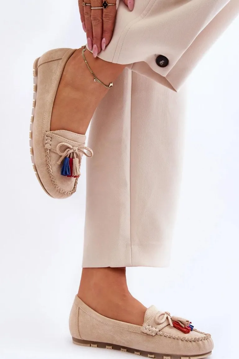 Zamszowe Mokasyny Z Kokardą I Frędzlami Beżowe Dorine