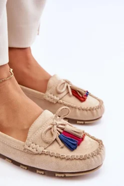 Zamszowe Mokasyny Z Kokardą I Frędzlami Beżowe Dorine