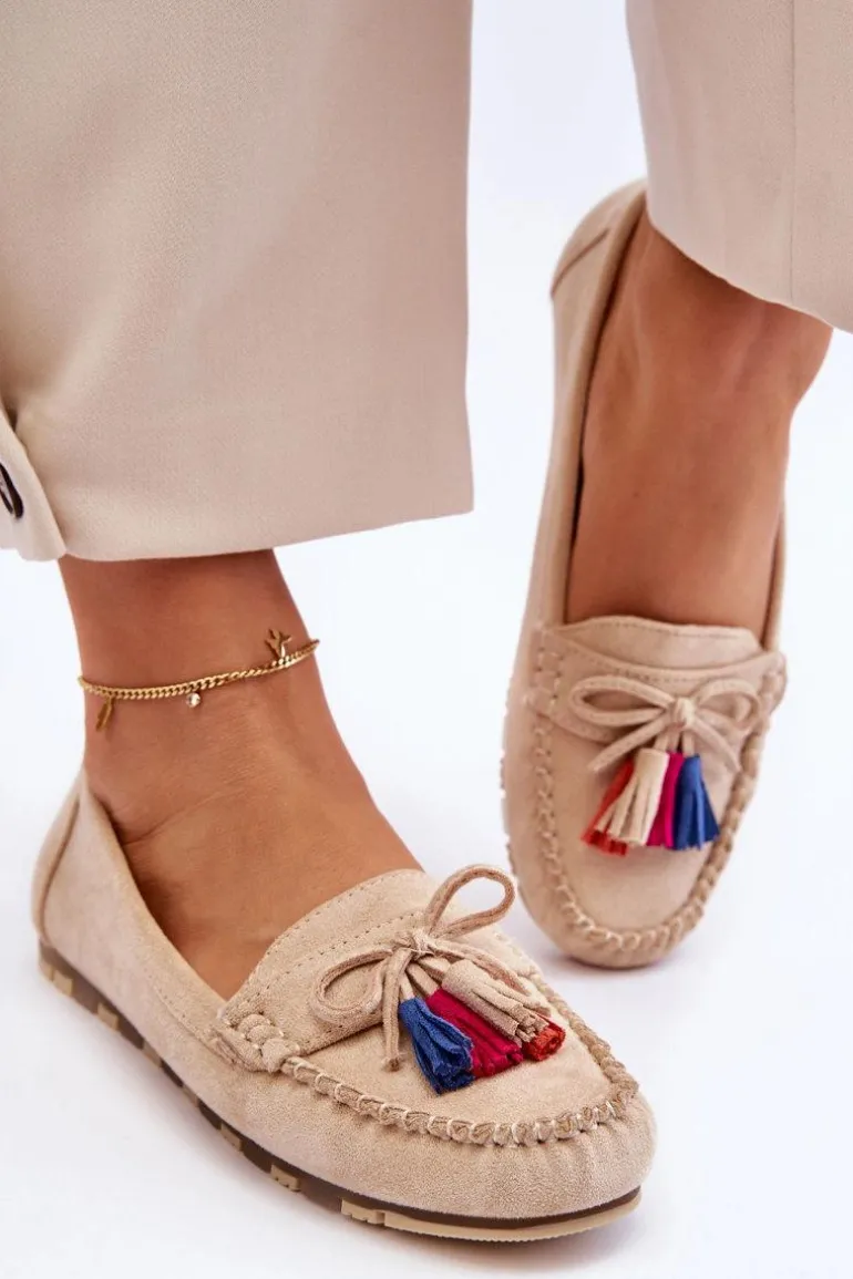 Zamszowe Mokasyny Z Kokardą I Frędzlami Beżowe Dorine