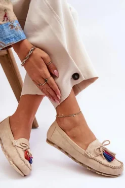 Zamszowe Mokasyny Z Kokardą I Frędzlami Beżowe Dorine