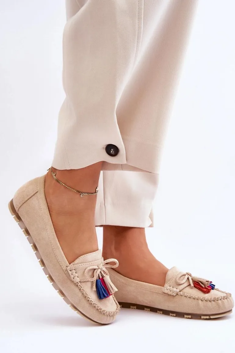 Zamszowe Mokasyny Z Kokardą I Frędzlami Beżowe Dorine