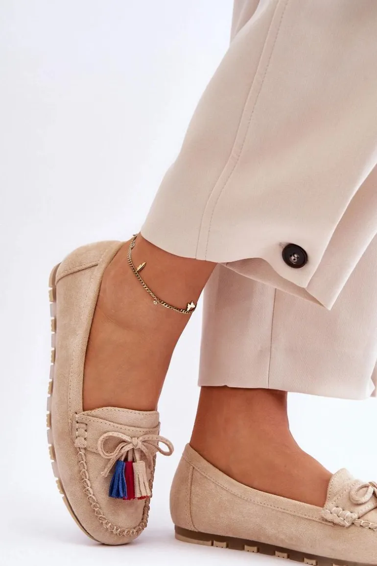 Zamszowe Mokasyny Z Kokardą I Frędzlami Beżowe Dorine