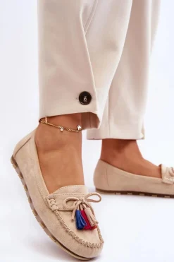 Zamszowe Mokasyny Z Kokardą I Frędzlami Beżowe Dorine