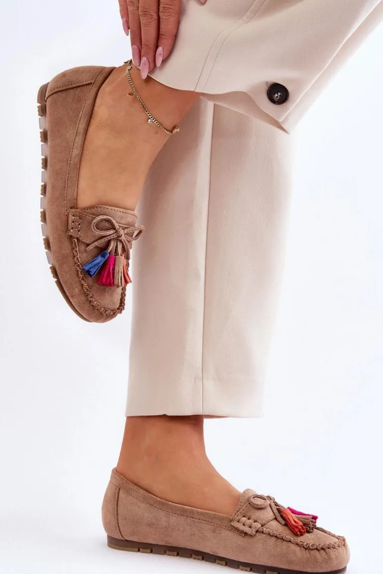 Zamszowe Mokasyny Z Kokardą I Frędzlami Ciemnobeżowe Dorine