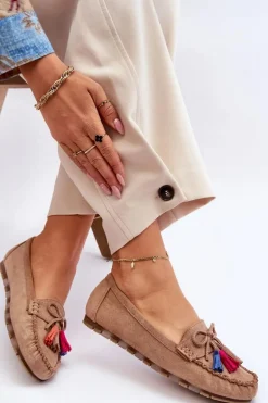 Zamszowe Mokasyny Z Kokardą I Frędzlami Ciemnobeżowe Dorine