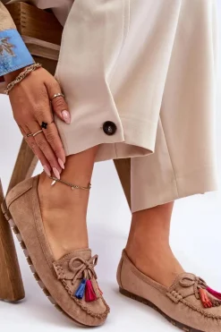 Zamszowe Mokasyny Z Kokardą I Frędzlami Ciemnobeżowe Dorine