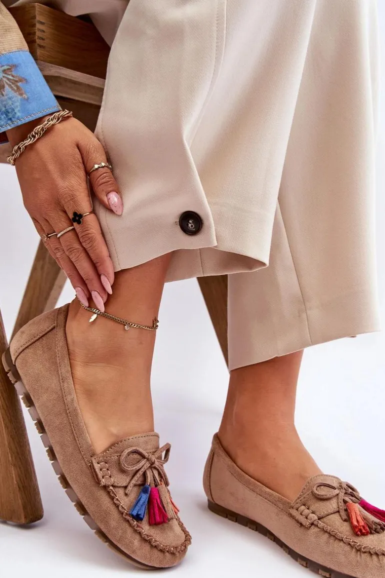 Zamszowe Mokasyny Z Kokardą I Frędzlami Ciemnobeżowe Dorine