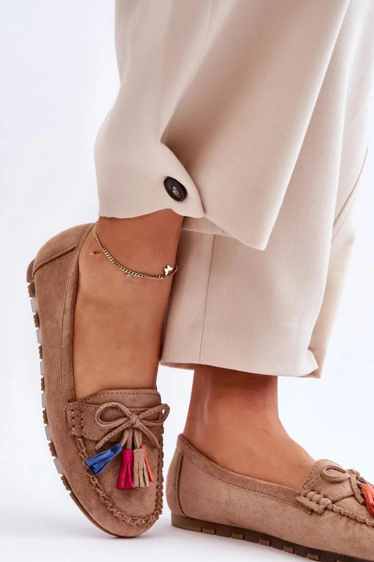 Zamszowe Mokasyny Z Kokardą I Frędzlami Ciemnobeżowe Dorine