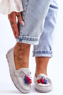 Zamszowe Mokasyny Z Kokardą I Frędzlami Szare Dorine