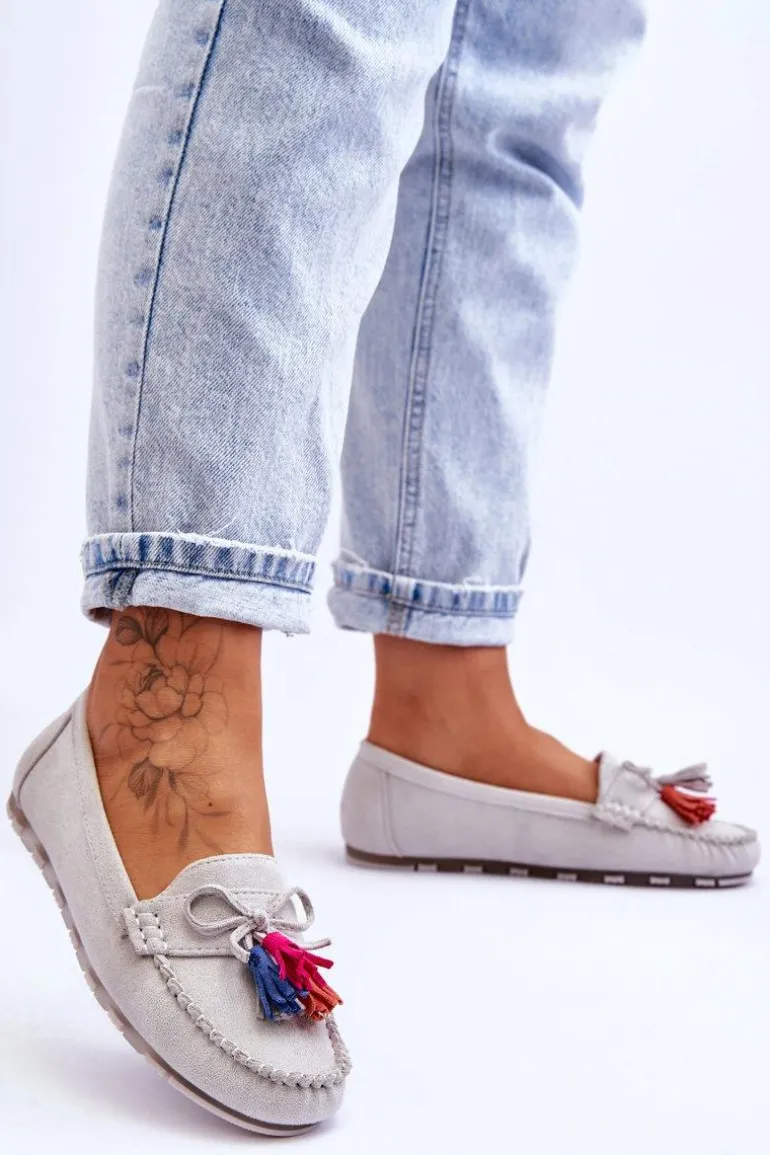 Zamszowe Mokasyny Z Kokardą I Frędzlami Szare Dorine