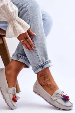 Zamszowe Mokasyny Z Kokardą I Frędzlami Szare Dorine