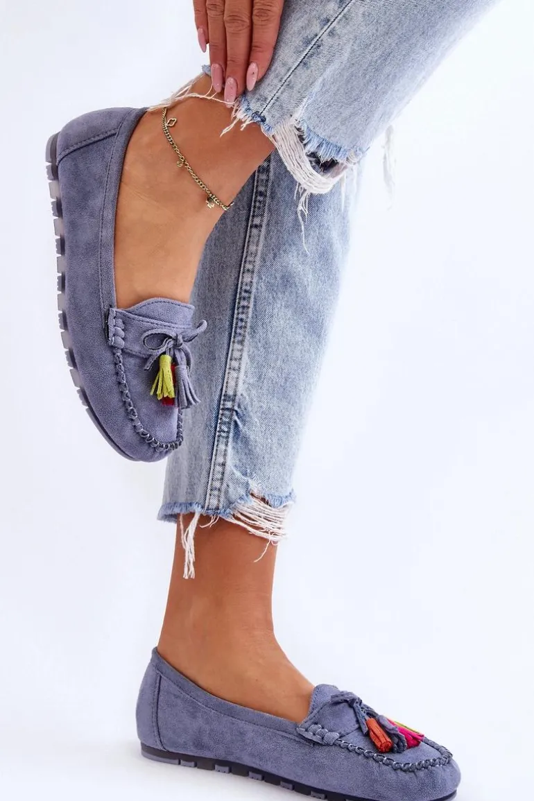 Zamszowe Mokasyny Z Kokardą I Frędzlami Niebieskie Dorine