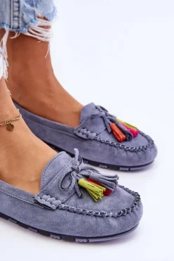Zamszowe Mokasyny Z Kokardą I Frędzlami Niebieskie Dorine