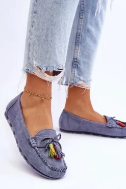 Zamszowe Mokasyny Z Kokardą I Frędzlami Niebieskie Dorine