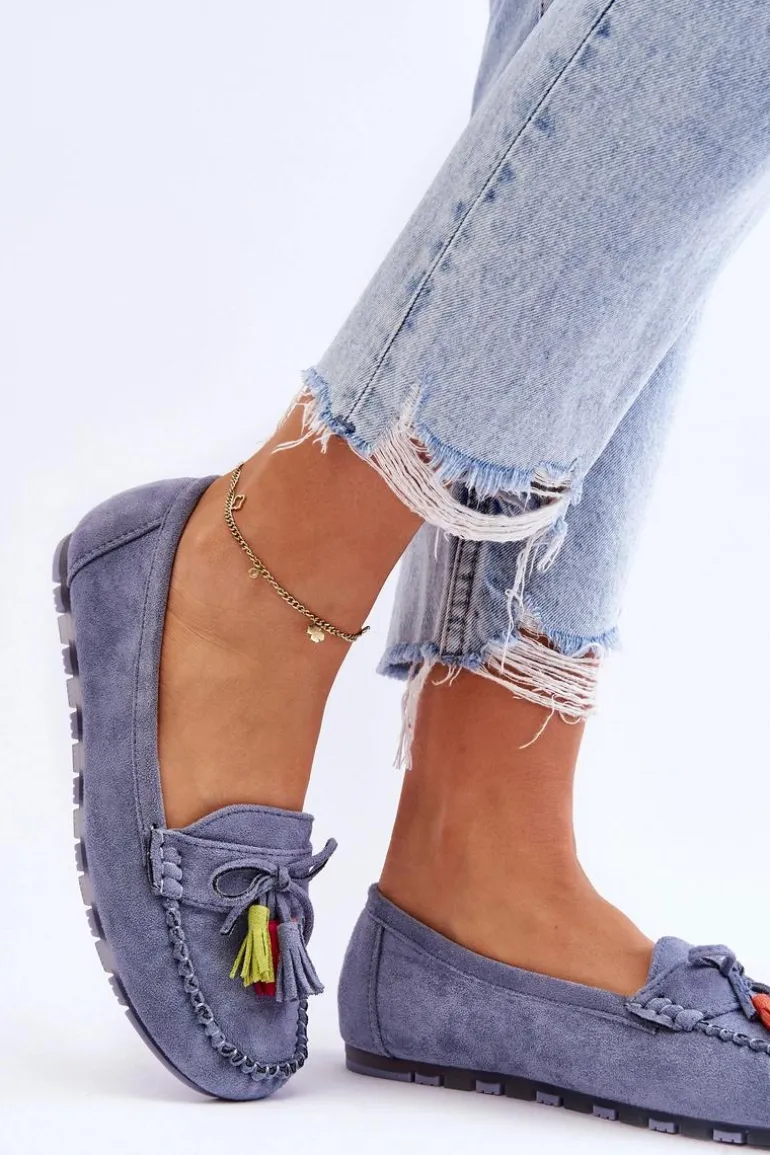 Zamszowe Mokasyny Z Kokardą I Frędzlami Niebieskie Dorine