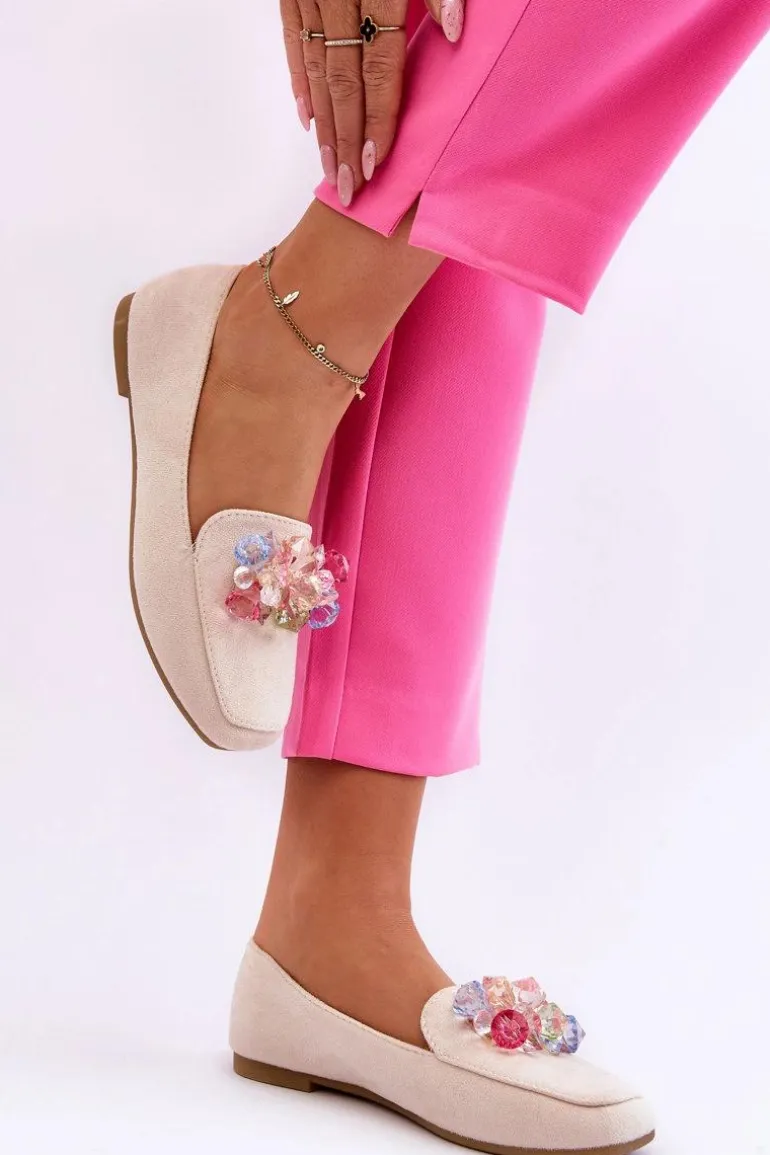 Zamszowe Mokasyny Z Ozdobnymi Kryształami Beżowe Arvilla