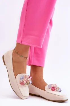 Zamszowe Mokasyny Z Ozdobnymi Kryształami Beżowe Arvilla