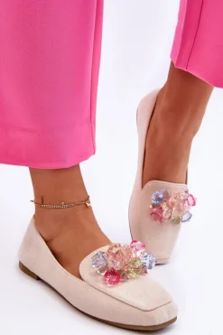 Zamszowe Mokasyny Z Ozdobnymi Kryształami Beżowe Arvilla