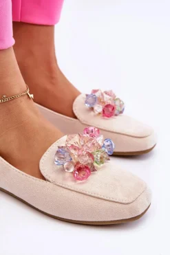 Zamszowe Mokasyny Z Ozdobnymi Kryształami Beżowe Arvilla