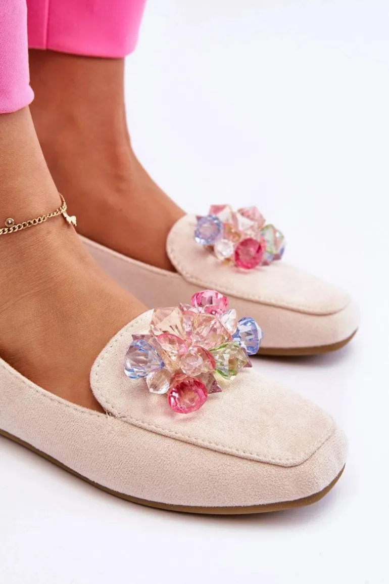 Zamszowe Mokasyny Z Ozdobnymi Kryształami Beżowe Arvilla