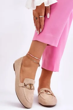 Zamszowe Mokasyny Z Ozdobnym Elementem Beżowe Reed