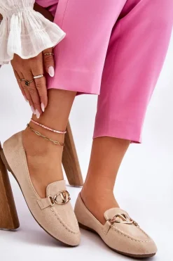 Zamszowe Mokasyny Z Ozdobnym Elementem Beżowe Reed